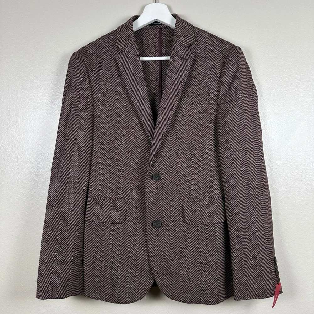 J.Ferrar Mens‎ S 34/36 Short Blazer Burgundy Herringbone Slim Fit Sport Coat NEW